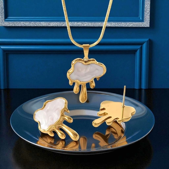 🆕️ Modern Gold Drip Necklace Earrings Set 18K Plated Stainless Steel Gift Ready - Picture 5 of 16